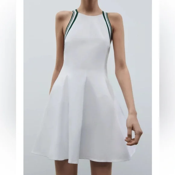 Zara White Mini Dress with Green-Striped Halter - Picture 9 of 10